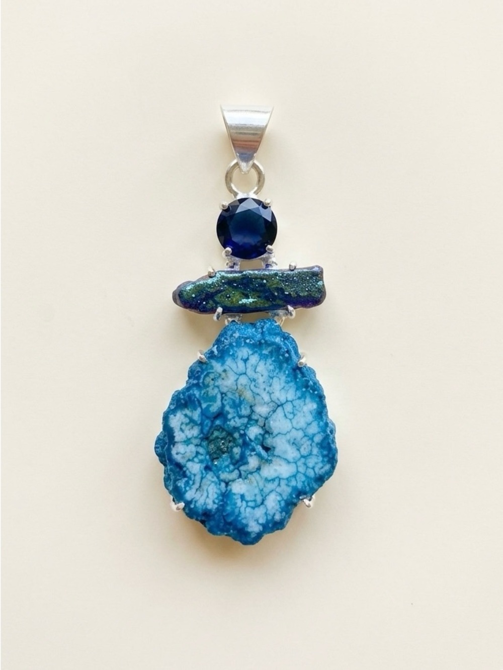 Blue Druzy Agate Pendant with Dark Blue Crystal Accent